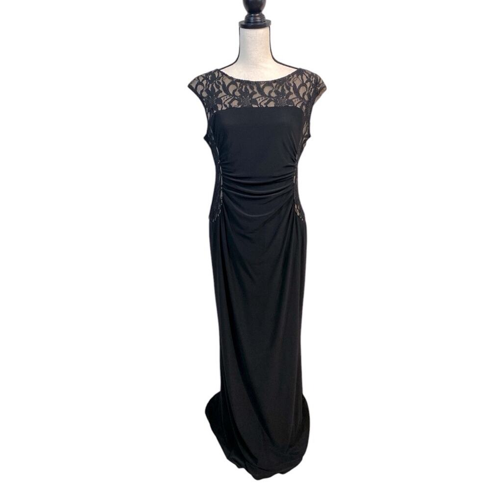 NWT R&M Richards Black Jersey Sequin Lace Formal Dress Size 12P